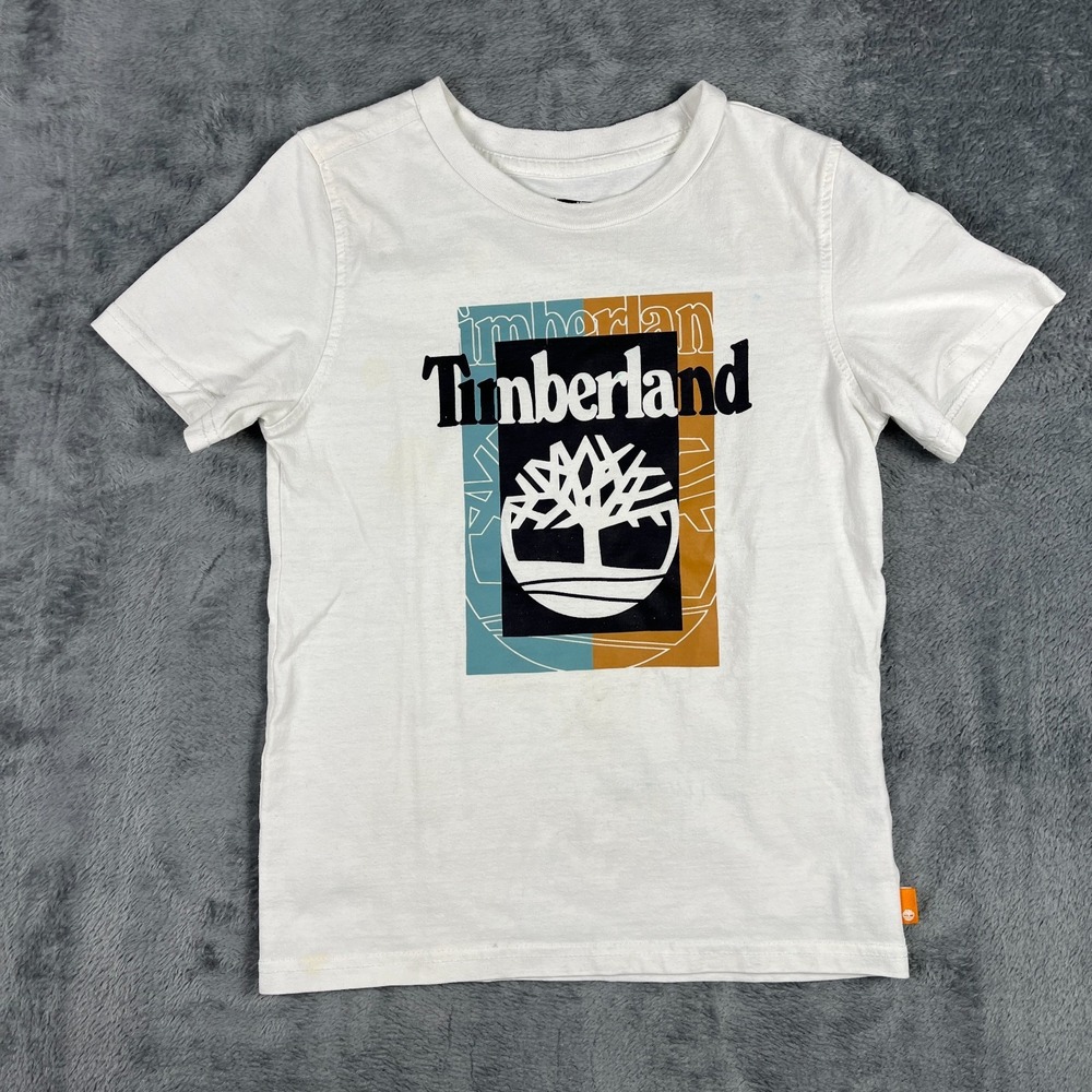 Timberland T Shirt Kids 7 White Graphic Print Crew Neck Short Sleeve Pullover